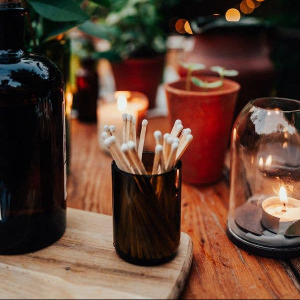 Olive Glass Pot with Long Matches